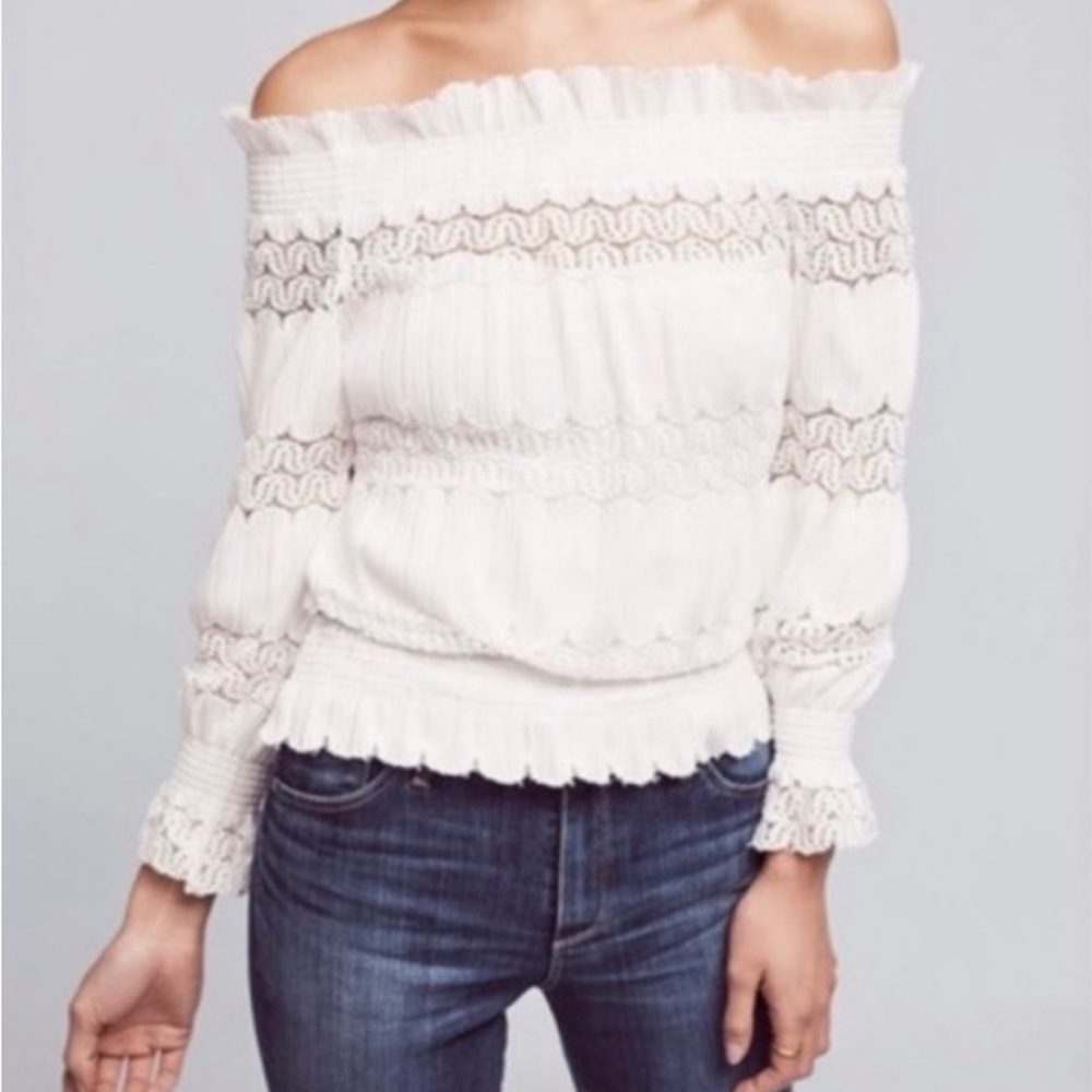 NWT Anthropologie Deletta Riley Long Sleeve Off-shoulder Crochet Lace Smock Top - Picture 1 of 14